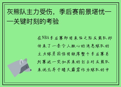 灰熊队主力受伤，季后赛前景堪忧——关键时刻的考验
