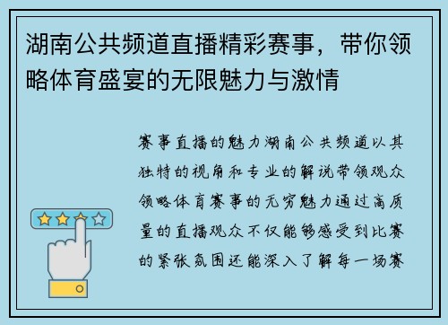 湖南公共频道直播精彩赛事，带你领略体育盛宴的无限魅力与激情